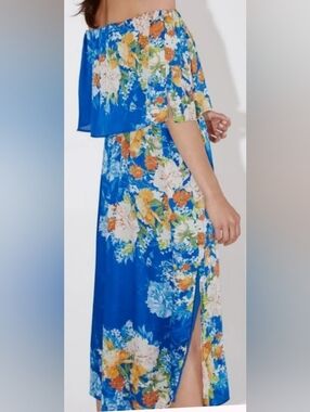 Zara Royal Blue Floral Off-Shoulder Midi Dress
